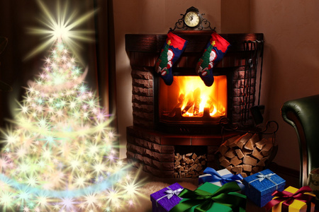 圣诞礼物的壁炉旁