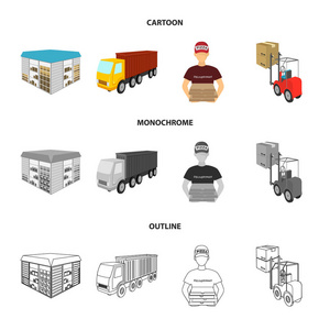 卡车, 快递送比萨, 叉车, 仓储室。物流和配送集合图标在卡通, 轮廓, 单色风格等距矢量符号股票插画网站