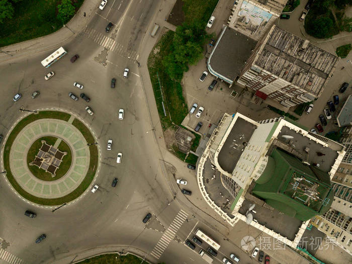 城市广场鸟瞰图, 交通,街道,建筑绿树成荫