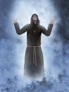 3d 渲染一个基督教僧侣崇拜他的手在空气包围的烟雾或云, 像是一个梦想或在天堂