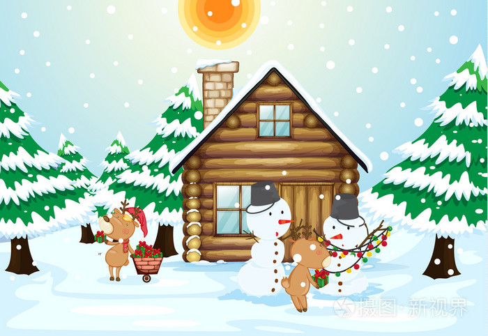 一座房子,雪人和驯鹿
