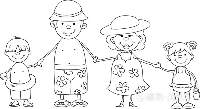 在海上,和白人着色泳衣手牵手的幸福家庭插画-正版商用图片05dg5p-摄