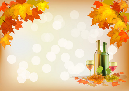 成熟的葡萄 葡萄酒玻璃和瓶葡萄酒.autumn 明信片
