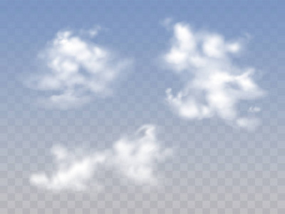 半透明的蓝色多云的天空与现实的蓬松的云彩隔绝在透明背景为天气。设计元素。矢量插图