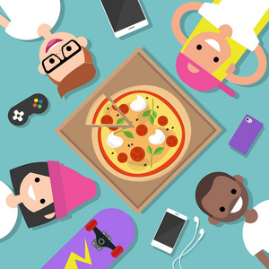 禧组的顶部视图躺在地板上吃比萨饼平面可编辑矢量插图, 剪贴画