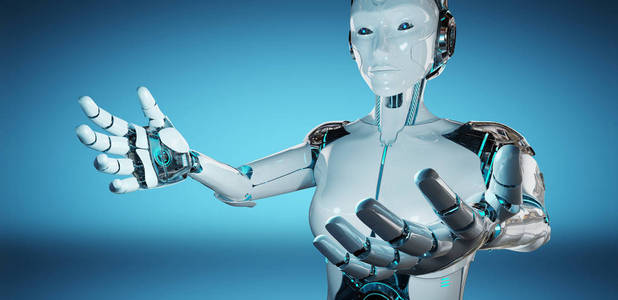 白人女子机器人打开她的两只手隔离在深蓝色背景3d 渲染