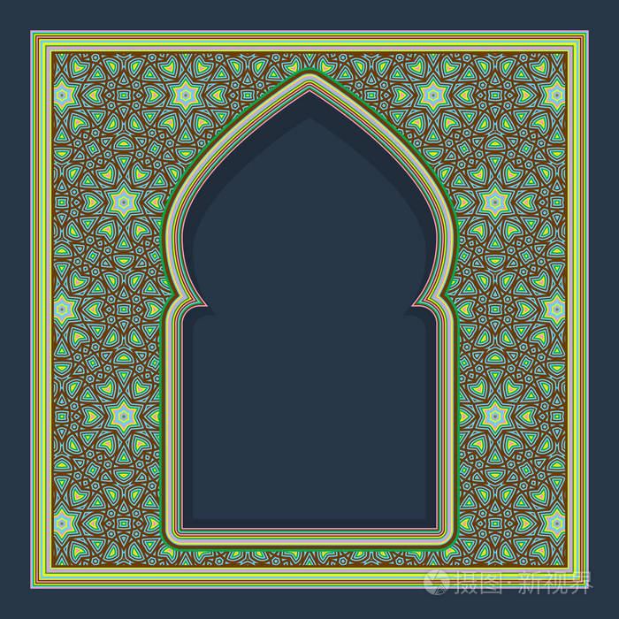 图案的拱形窗框在东方传统风格.贺卡设计彩饰
