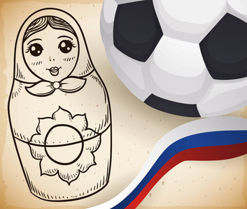 滚动与可爱的俄罗斯套娃娃娃手绘风格, 旁边的足球和丝带与俄罗斯的颜色
