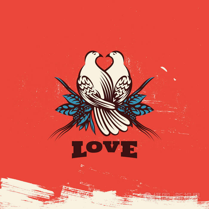 两个可爱的鸽子心.带鸽子的婚礼请柬.爱场面例证