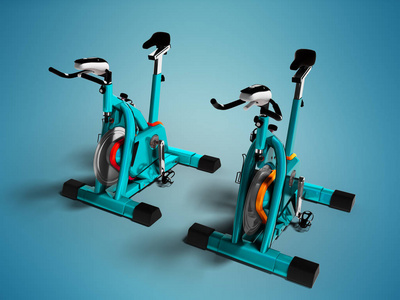 现代绿松石两个运动自行车透视3d 渲染蓝色背景与阴影