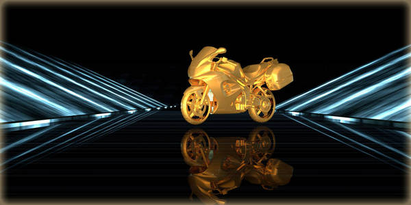 3d. 一个金色物体在黑暗背景下的未来道路中的渲染