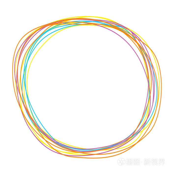 手绘圆形圆形画框.平面设计元素.彩色圆珠笔收藏.白色背景.孤立.