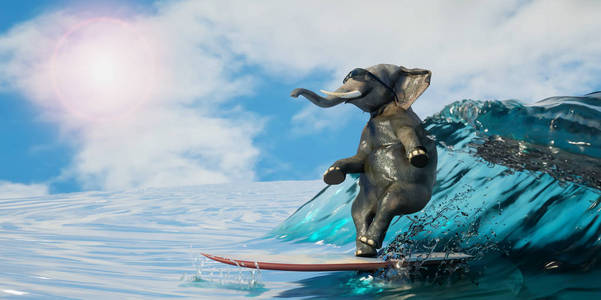 3d 大象的例证是冲浪海作为消遣和体育的标志