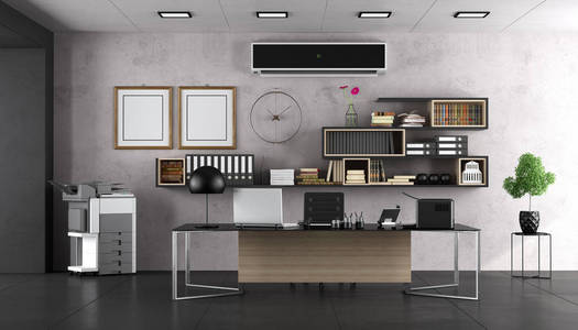 现代办公室与大书桌和书柜3d 渲染