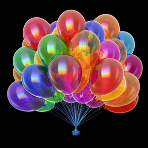 缤纷多彩的气球束派对快乐的生日假期装饰多彩多姿。庆祝标志不同的颜色。3d 插图。黑色隔离