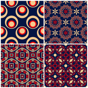 无缝的背景。蓝色米色和红色古典集为墙纸纺织品和织品几何样式