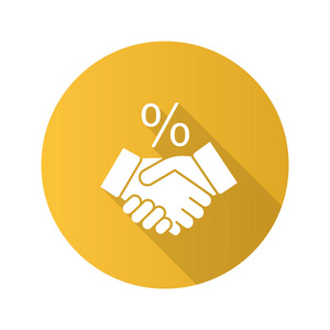 成功成交平面设计长阴影字形图标.商业伙伴关系.握手和百分比符号.