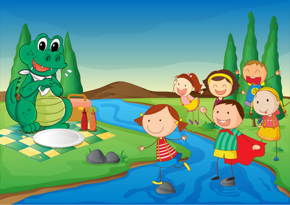 孩子们和鳄鱼在野餐