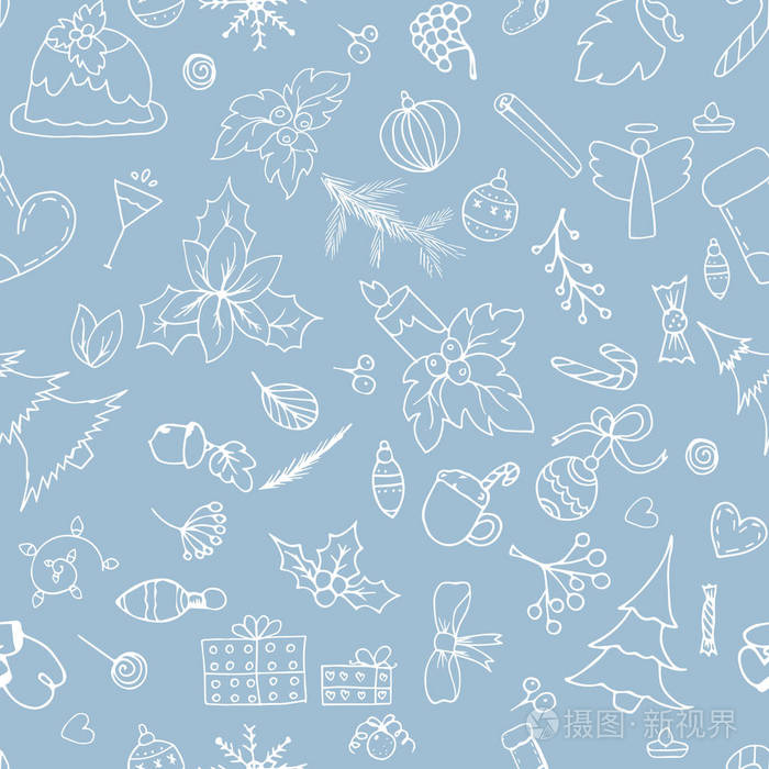 圣诞手画图案背景.节日, 包装纸, 矢量插图