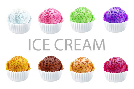 一套不同颜色和风味的冰淇淋勺白色背景矢量艺术在白杯中分离