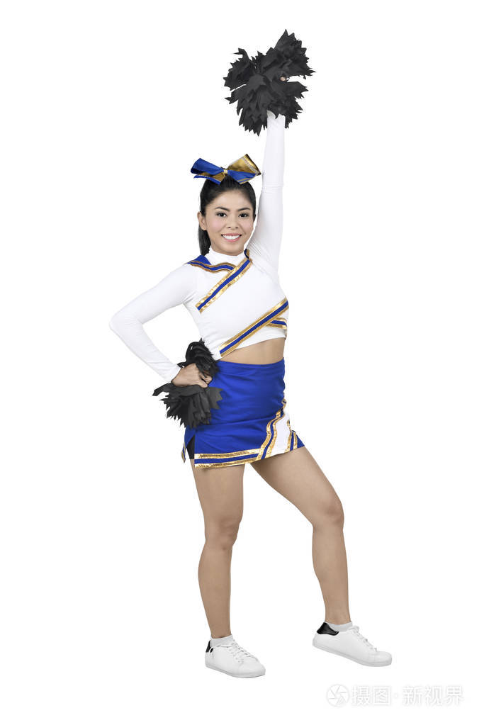 漂亮的亚洲啦啦队队长白色西装和pom站在白色背景隔离