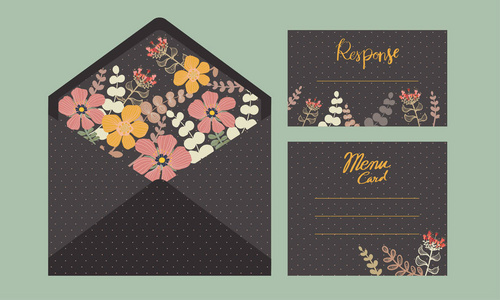 集婚庆贺卡与花卉概念, 花卉, 装饰矢量模板。可用作贺卡婚庆插图