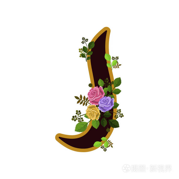 用玫瑰和树叶装饰的字母 j, 在白色背景下被隔离插画-正版商用图片05e