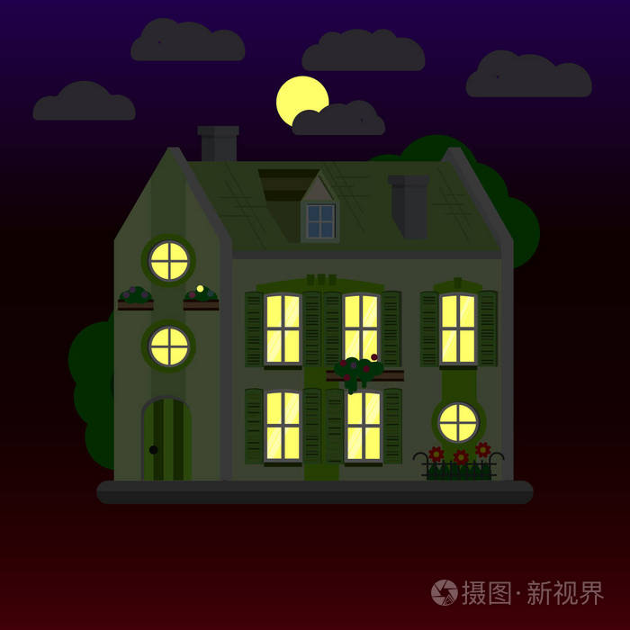 晚上房子的平面插图.两层楼.向量