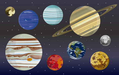太阳系行星设置 包括冥王星 与空间背景星, 向量例证