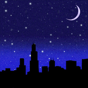 与大城市上空的新月的夜晚星空图片