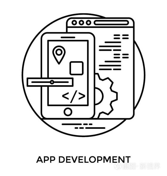 智能手机屏幕与齿轮和网页在后台原型应用程序开发图标插画-正版商用