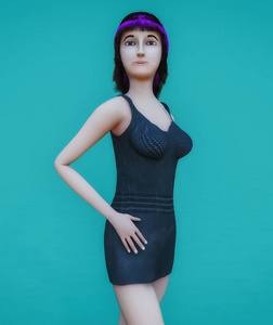 一个紫色头发的虚拟女人3D渲染