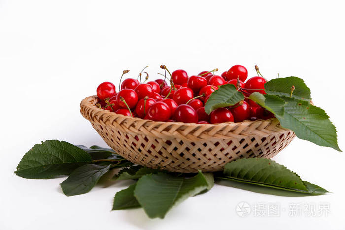 在白色背景下被孤立的篮子里的美味樱桃