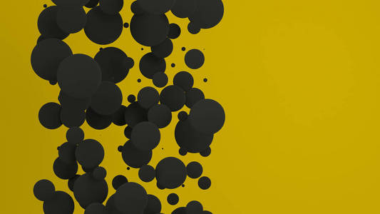黄色背景上随机大小的黑色光盘。抽象背景与圈子。墙前的圆云。3d 渲染插图