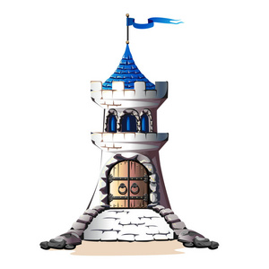 石城堡的童话塔与门和桥梁。矢量插图