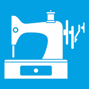 在蓝色背景矢量插图上隔离的缝纫机图标白色