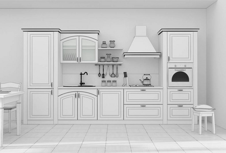厨房内部网格 3d 渲染