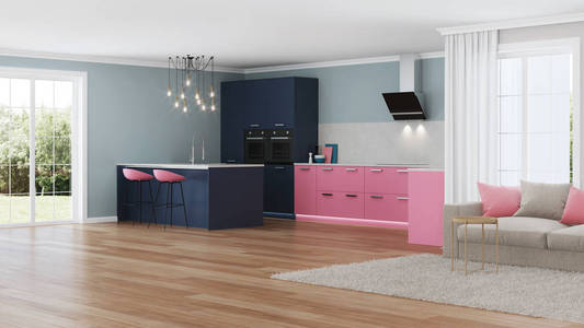 现代房子内部。粉红色的厨房。3d 渲染