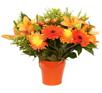 橙花花束 与亚洲百合, 菊花, 黄花, 月桂叶蜗牛叶子 在一个橙色陶瓷花盆在白色背景隔绝了