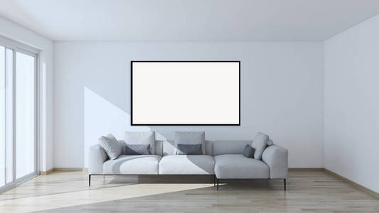 现代明亮的室内公寓与样机海报框架3d 渲染插图