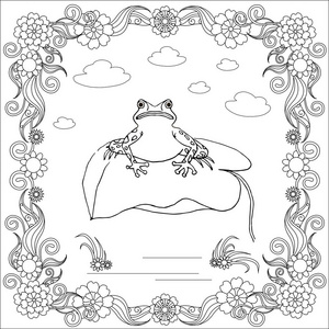 手绘单色青蛙在花卉框架的叶子, 股票矢量插图为网页, 打印, 着色页, 抗应力页