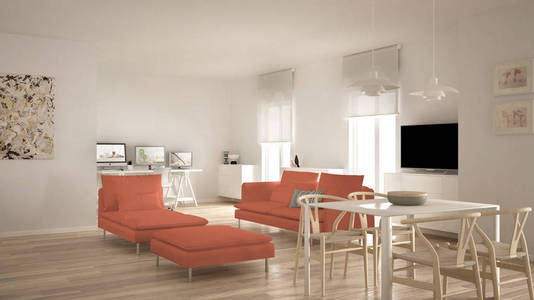 斯堪的纳维亚当代客厅开放空间与餐桌, 沙发和贵妃椅, 办公室, 家庭办公用电脑, 最小的现代白色和红色的室内设计