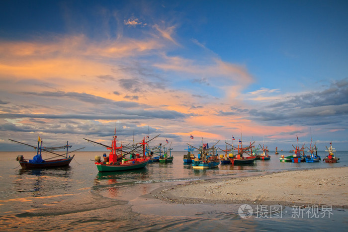 渔船在华欣海滩，泰国