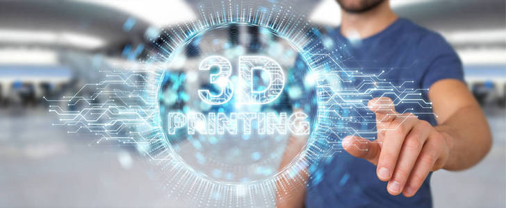 在模糊背景下的商人使用3d 打印数字全息图3d 渲染