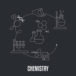 学校科目设计理念。化学。黑色背景与教育图标
