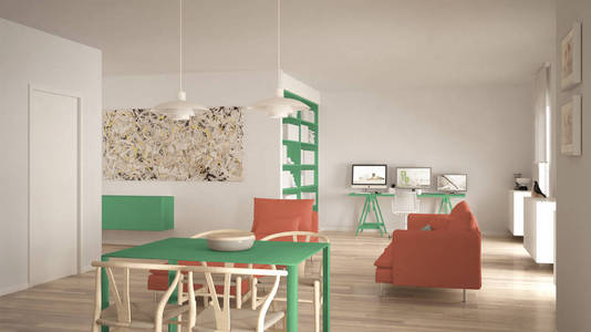 北欧简约客厅休憩用餐桌, 沙发, 角落办公室, 家庭办公用电脑, 当代现代橙色和绿色室内设计