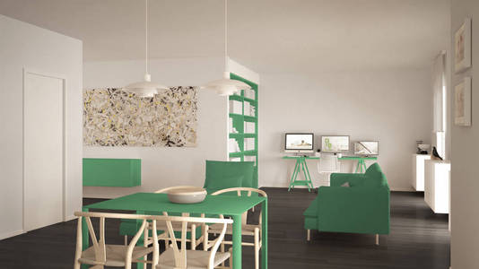 北欧简约客厅休憩用餐桌沙发角落办公室家庭办公用电脑现代灰色和绿色室内设计