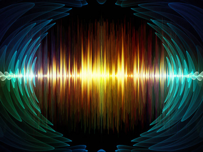 波函数系列。彩色正弦振动光和分形元素的背景设计在声音均衡器音乐谱和量子概率上的插图