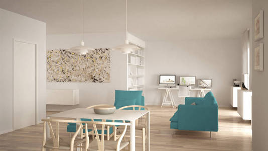 北欧简约生活空间与餐桌, 沙发, 角落办公室, 家庭办公用电脑, 当代现代白色和蓝色室内设计