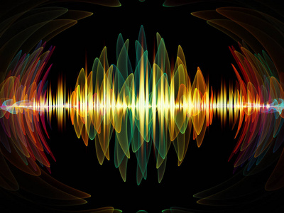 波函数系列。彩色正弦振动的组成, 光和分形元素作为一个背景的项目的声音均衡器, 音乐频谱和量子概率